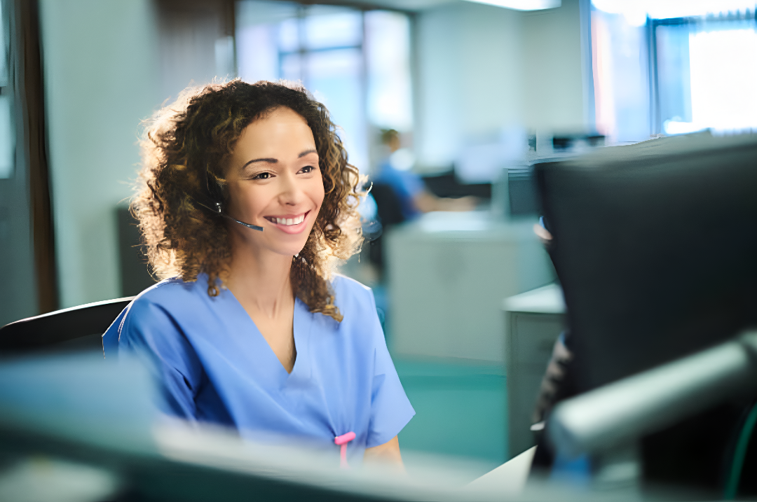 Friendly customer support specialist answering home care inquiry call